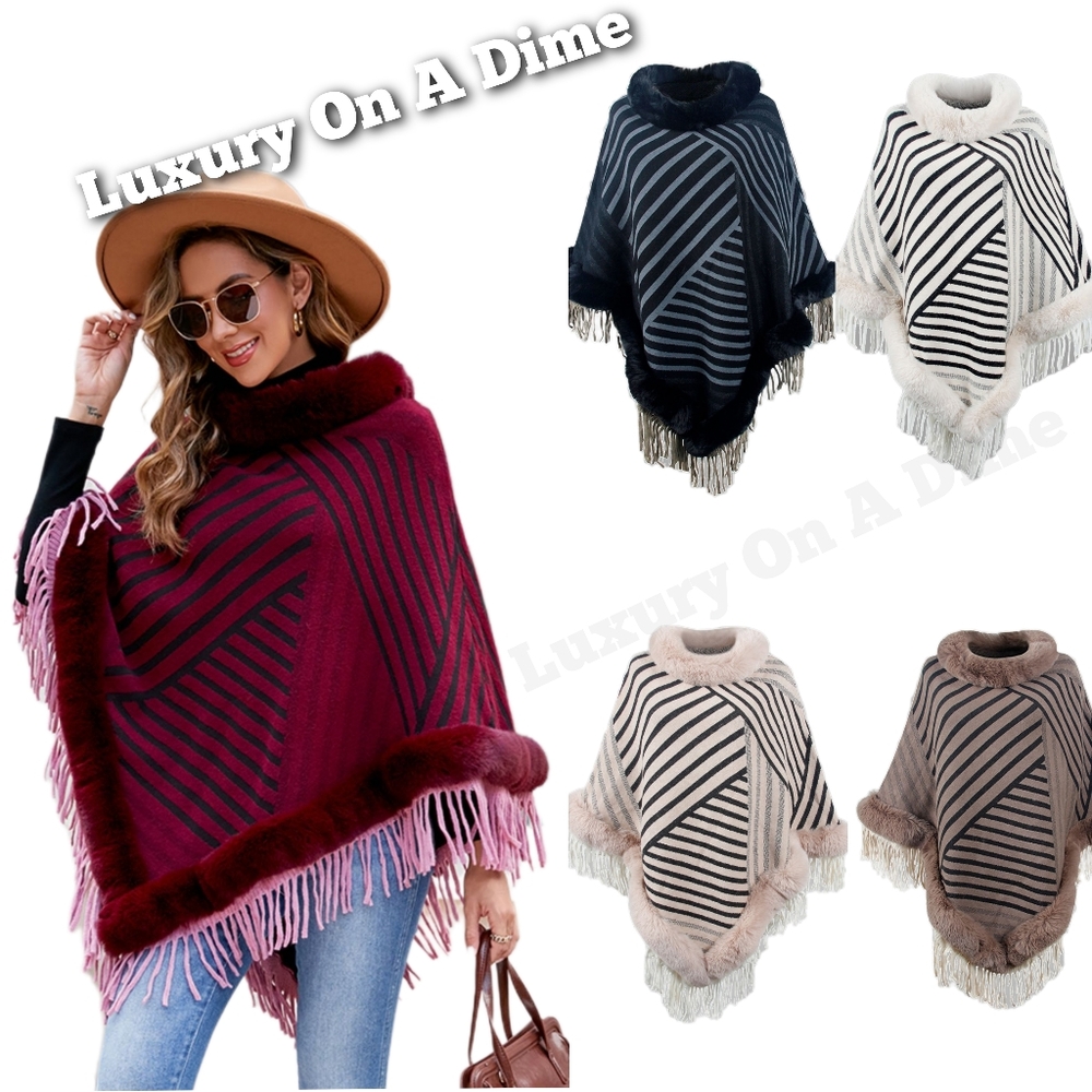 Plush Faux Fur Retro Fringe Stripe Pullover Oversized Warm Knit Poncho Cardigan - Picture 14 of 14